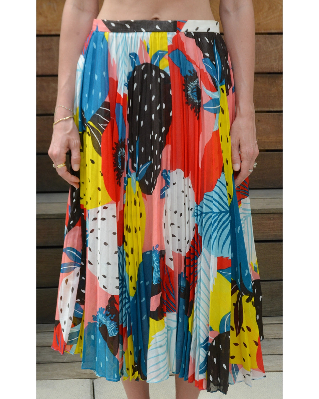 Vintage French Abstract Fruit Print Sunray Pleated Cotton Skirt