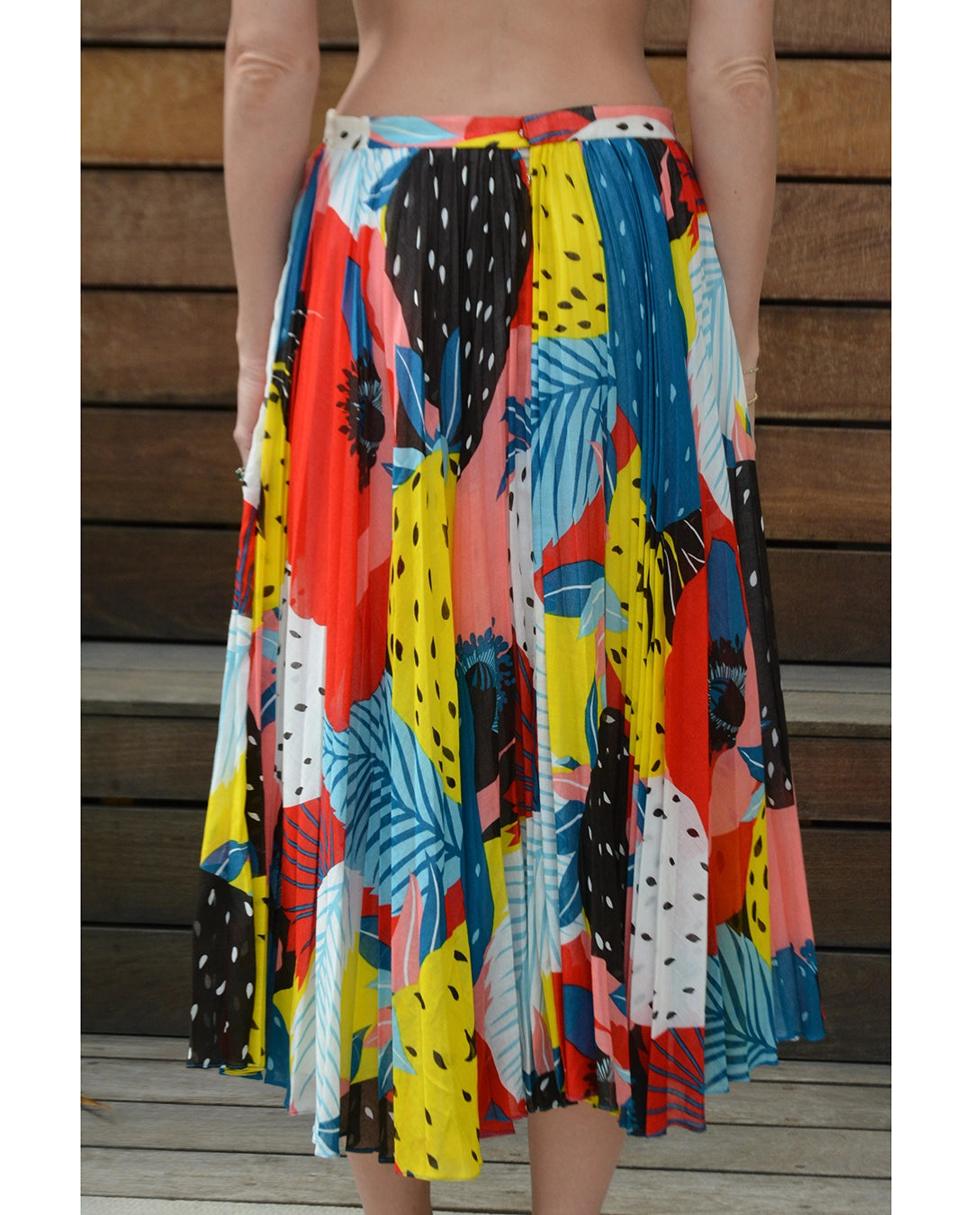 Vintage French Abstract Fruit Print Sunray Pleated Cotton Skirt