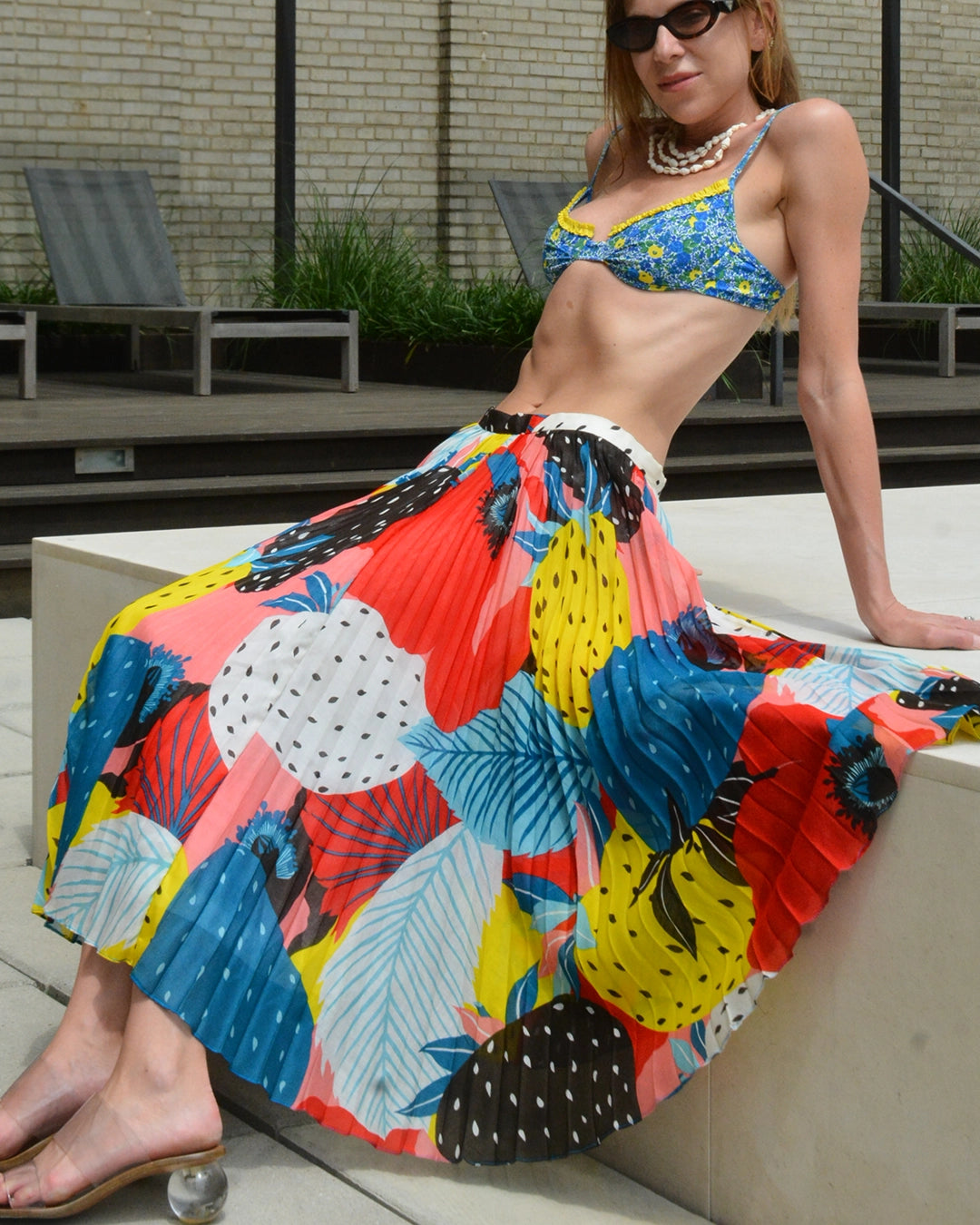 Vintage French Abstract Fruit Print Sunray Pleated Cotton Skirt