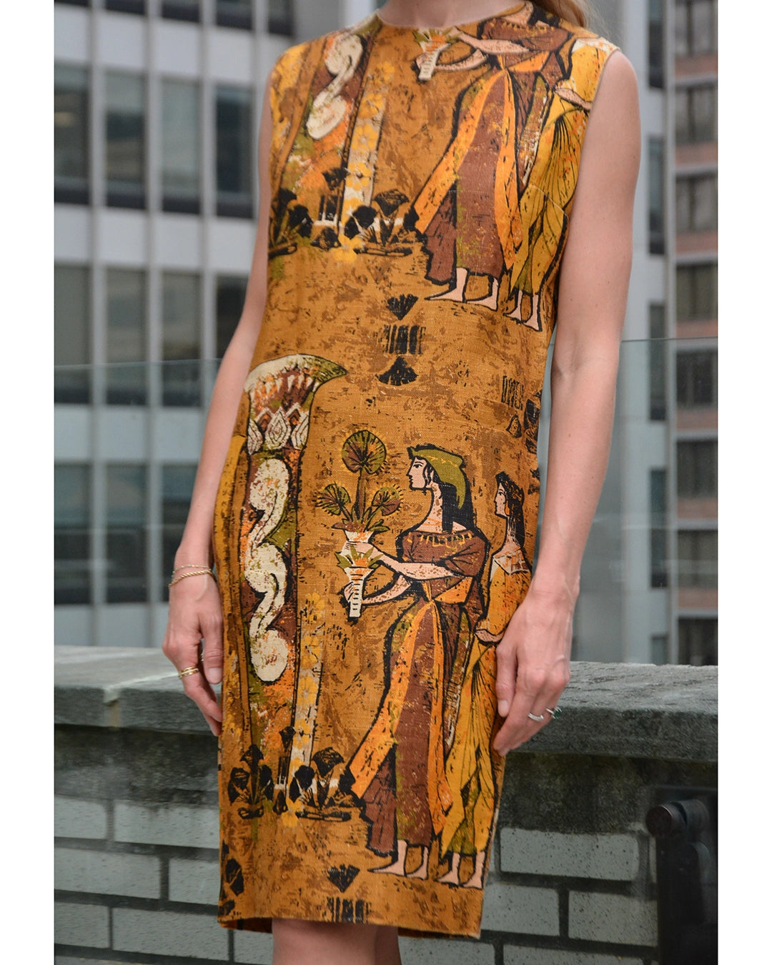 Vintage 1960s Barkcloth Shift Dress with Large Scale Egyptian Print