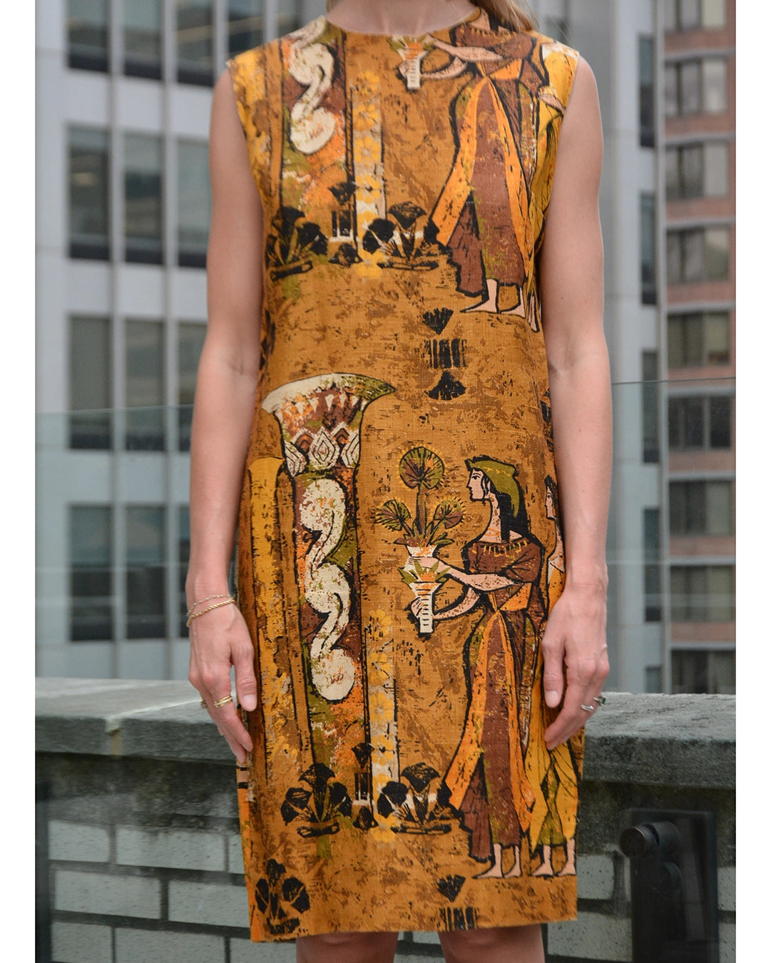 Vintage 1960s Barkcloth Shift Dress with Large Scale Egyptian Print