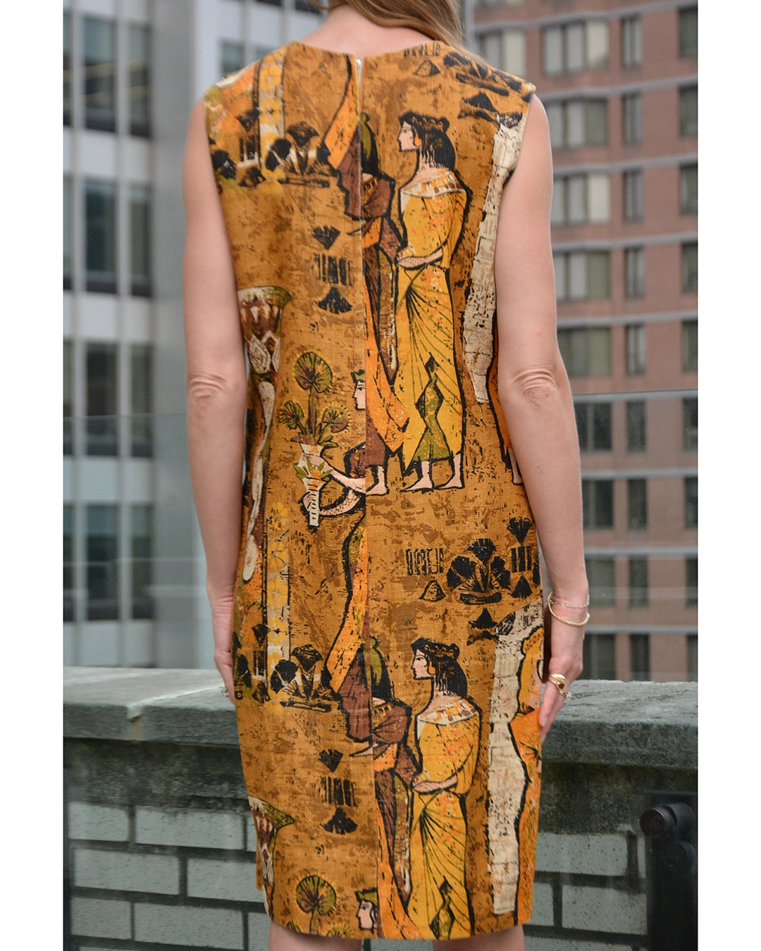 Vintage 1960s Barkcloth Shift Dress with Large Scale Egyptian Print