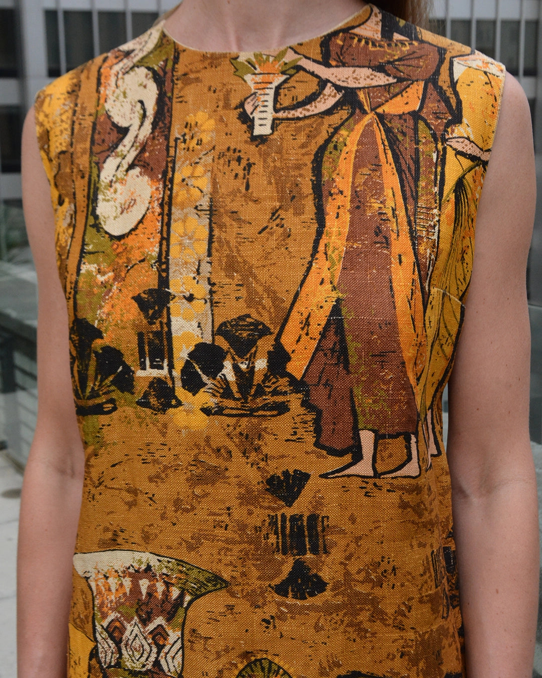 Vintage 1960s Barkcloth Shift Dress with Large Scale Egyptian Print