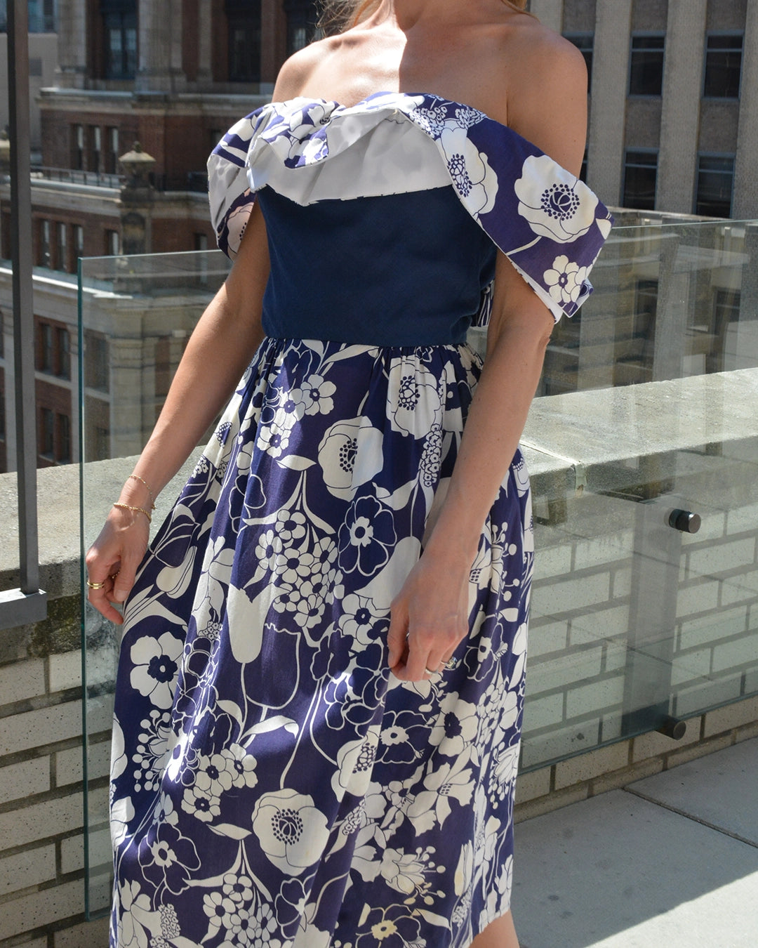 Vintage Off-the-Shoulder Flounce Neckline Dress with Matching Fringed Shawl