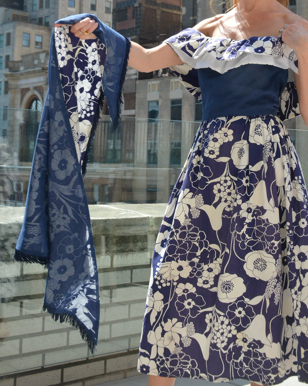 Vintage Off-the-Shoulder Flounce Neckline Dress with Matching Fringed Shawl