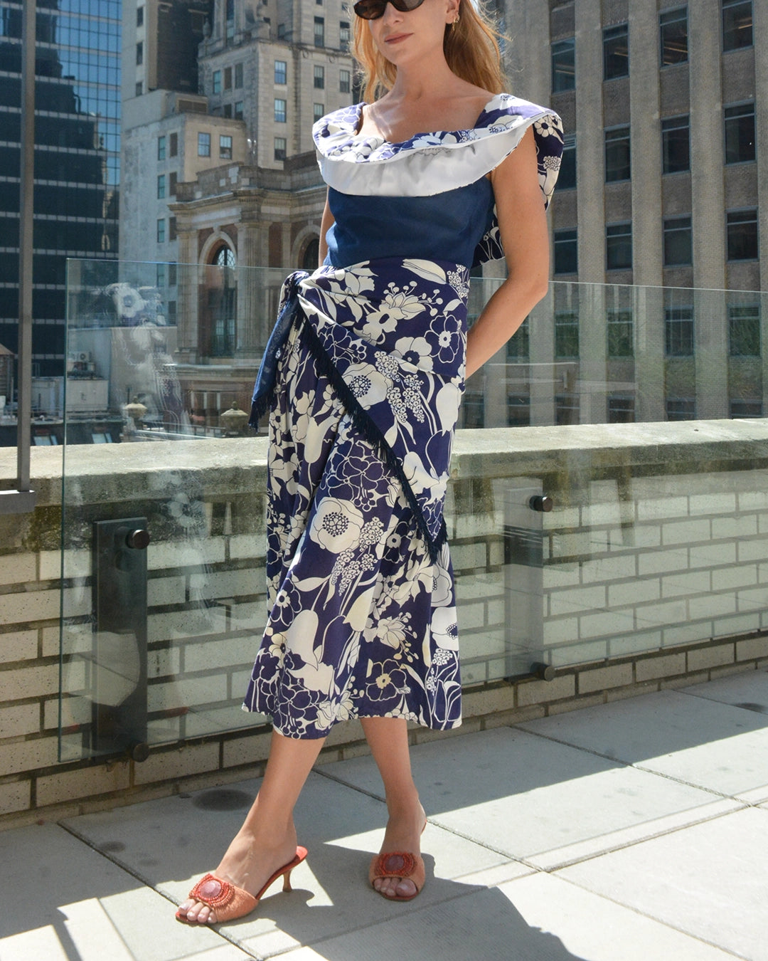 Vintage Off-the-Shoulder Flounce Neckline Dress with Matching Fringed Shawl