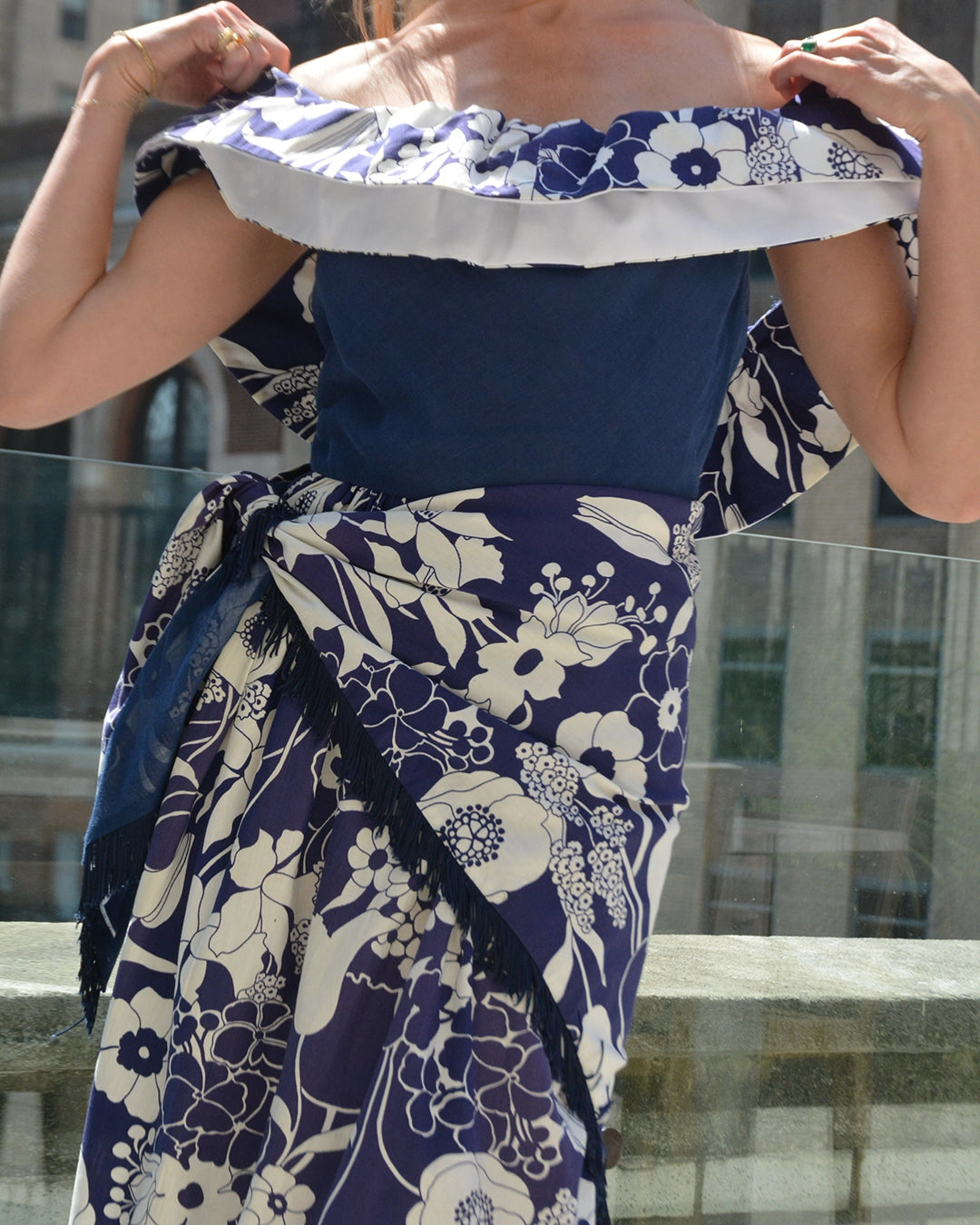 Vintage Off-the-Shoulder Flounce Neckline Dress with Matching Fringed Shawl