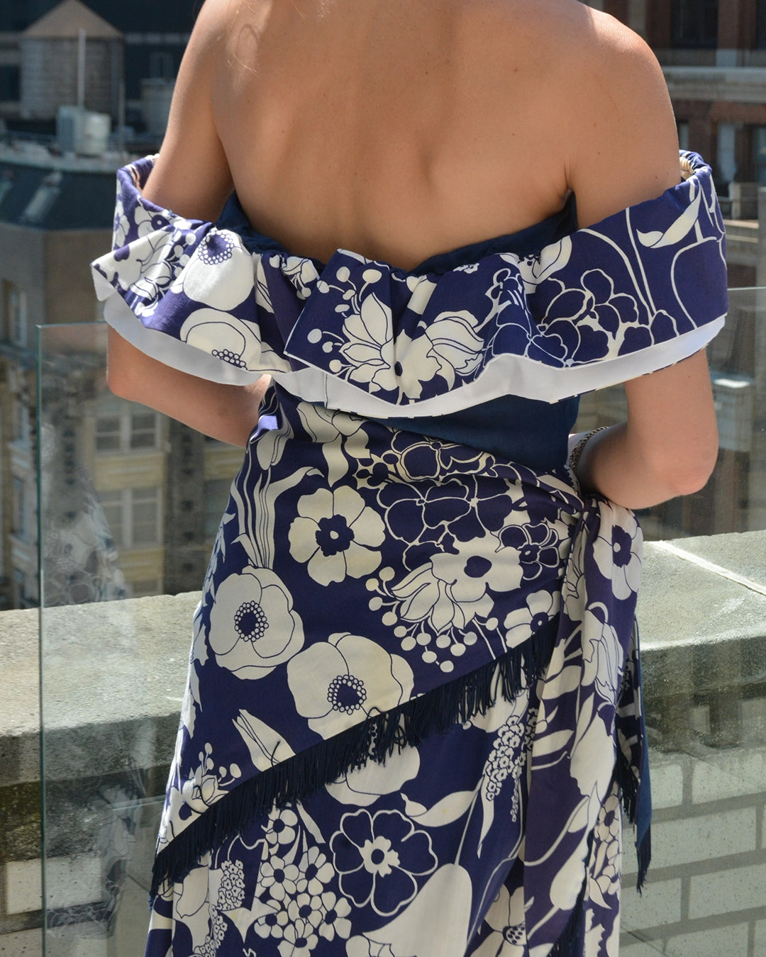 Vintage Off-the-Shoulder Flounce Neckline Dress with Matching Fringed Shawl