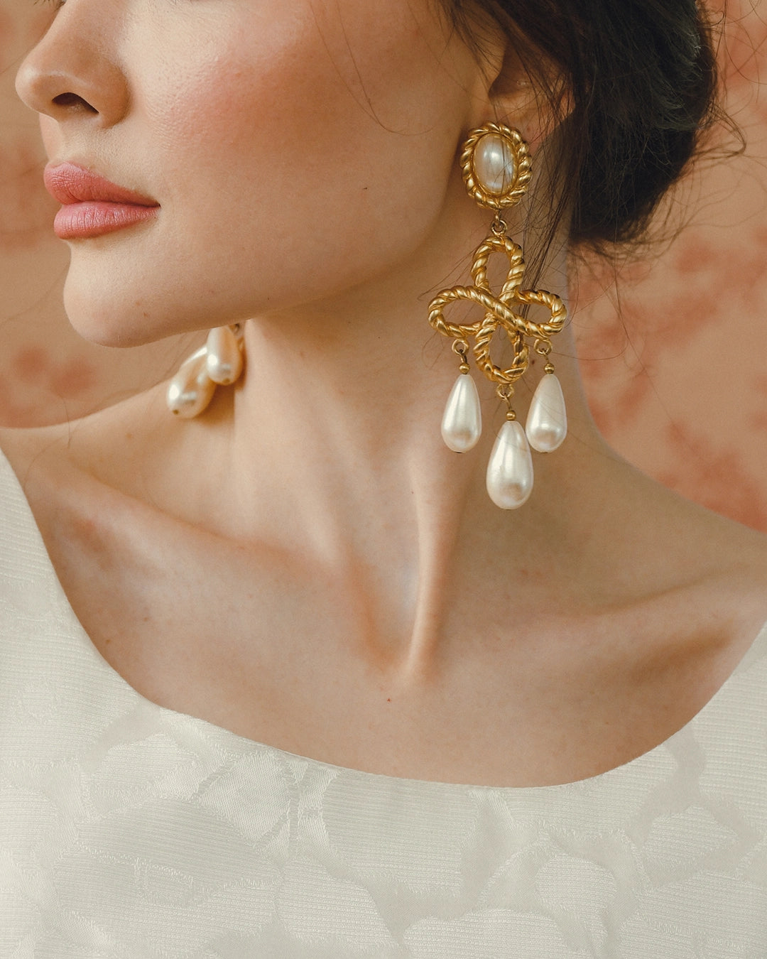 Vintage Les Bernard Gold + Pearl Chandelier Earrings