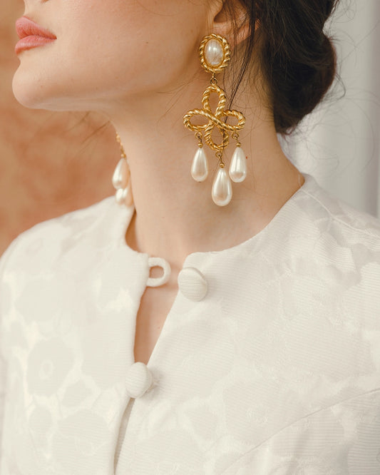 Vintage Les Bernard Gold + Pearl Chandelier Earrings