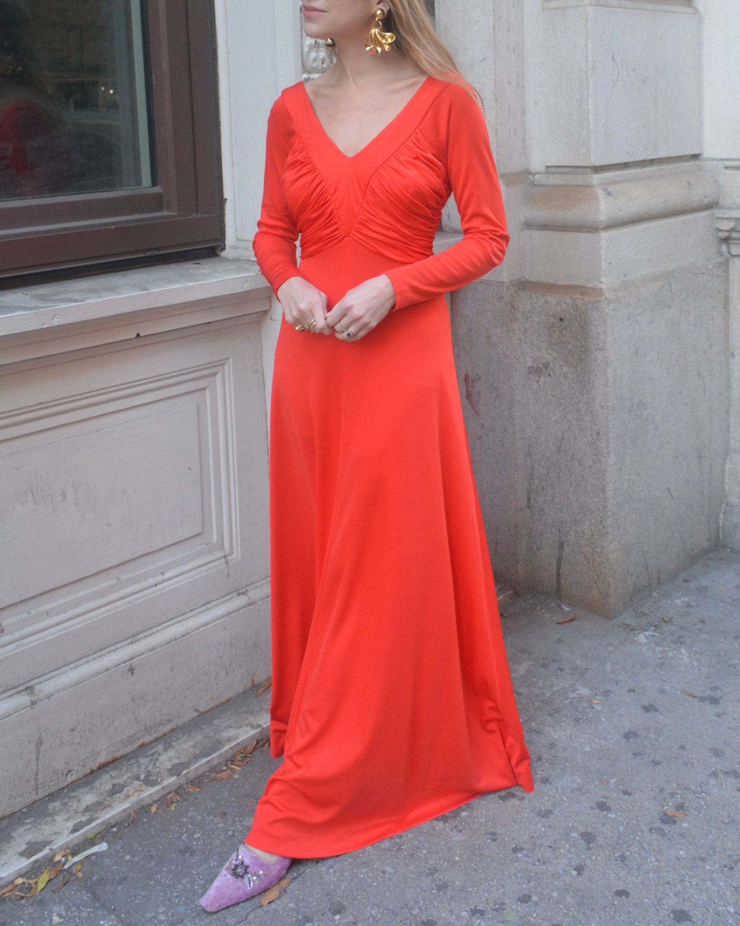 1970s Orange Ruched Jersey Maxidress