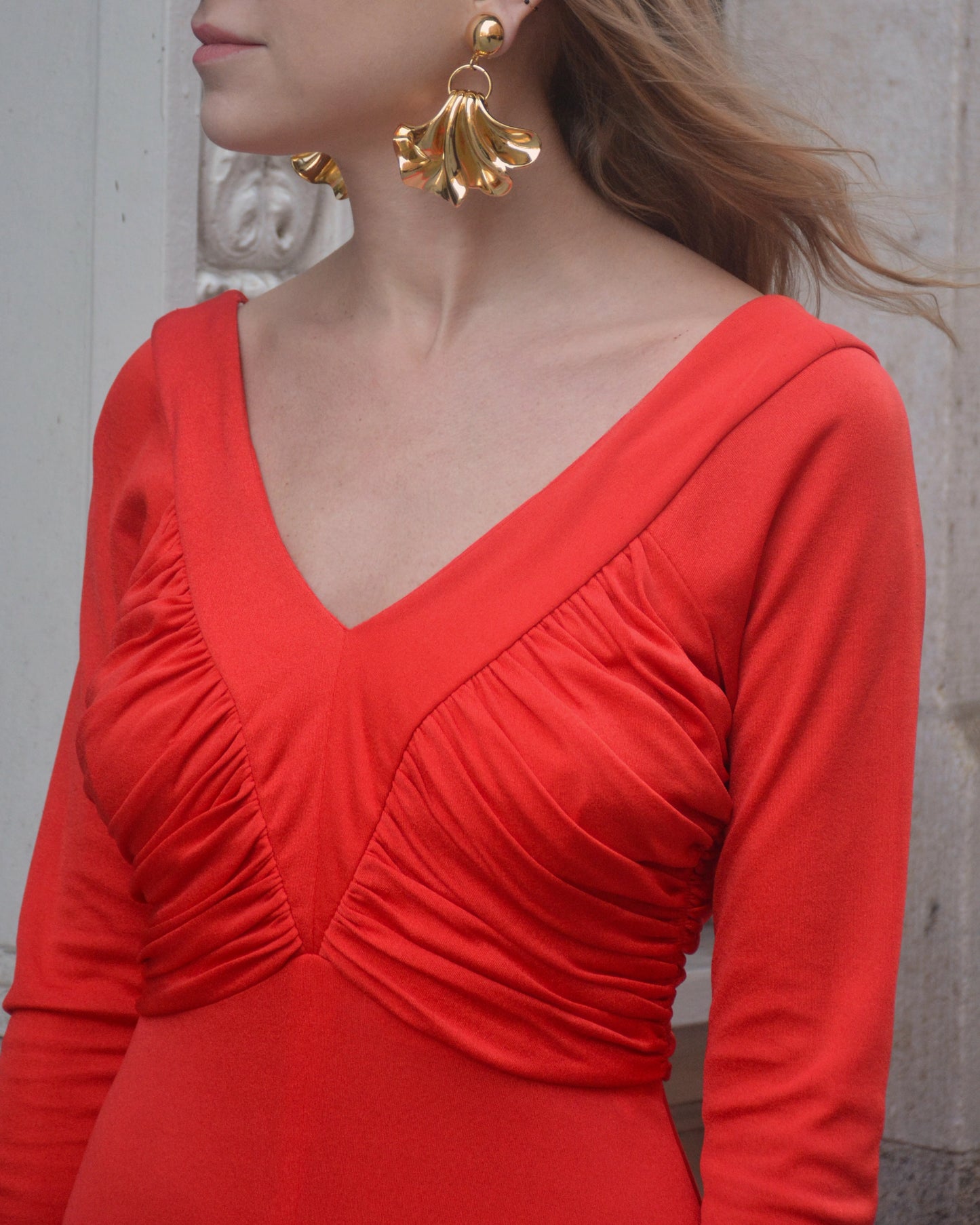 1970s Orange Ruched Jersey Maxidress