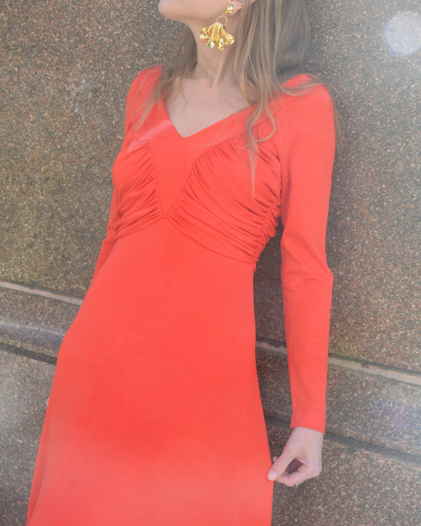 1970s Orange Ruched Jersey Maxidress