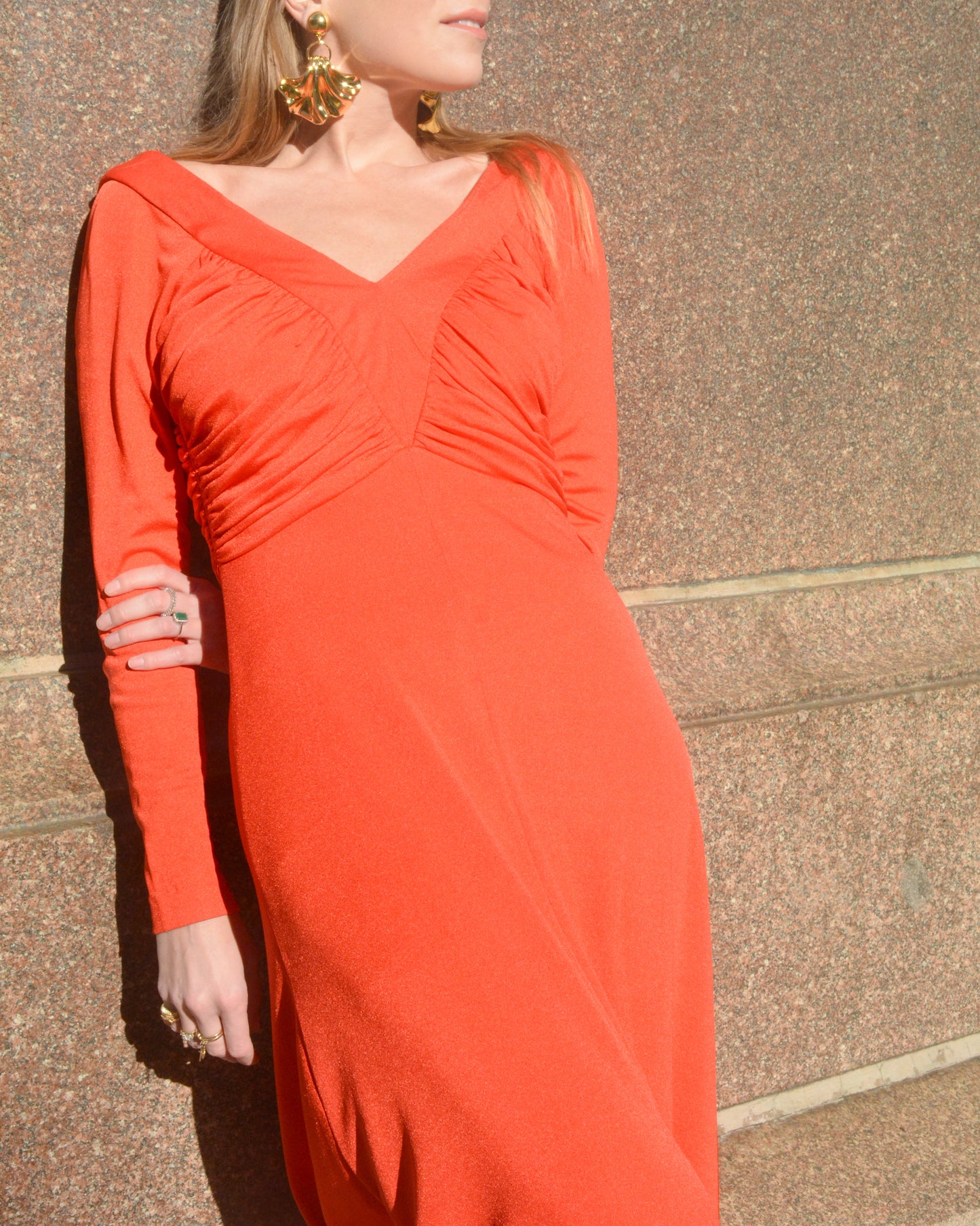 1970s Orange Ruched Jersey Maxidress