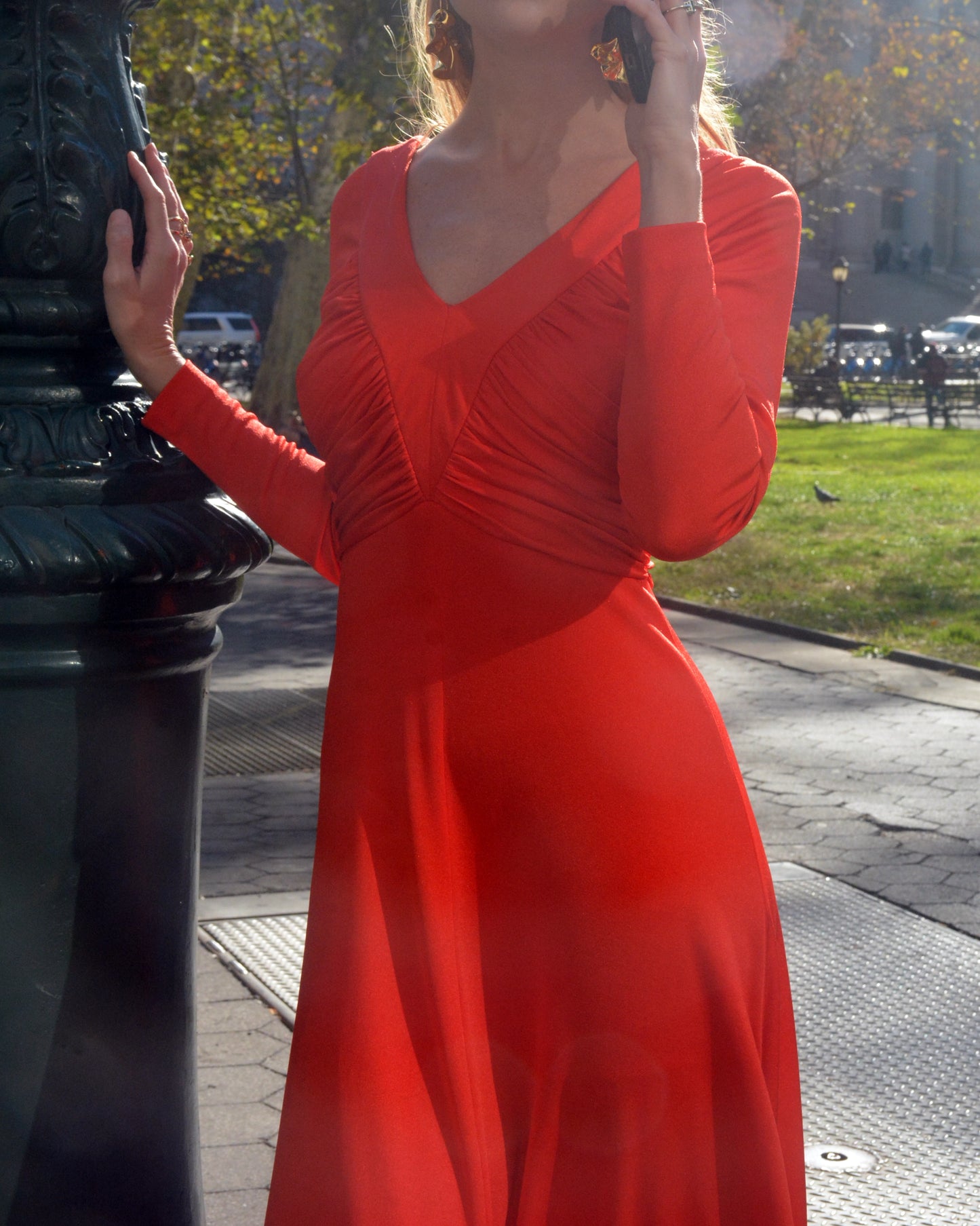 1970s Orange Ruched Jersey Maxidress