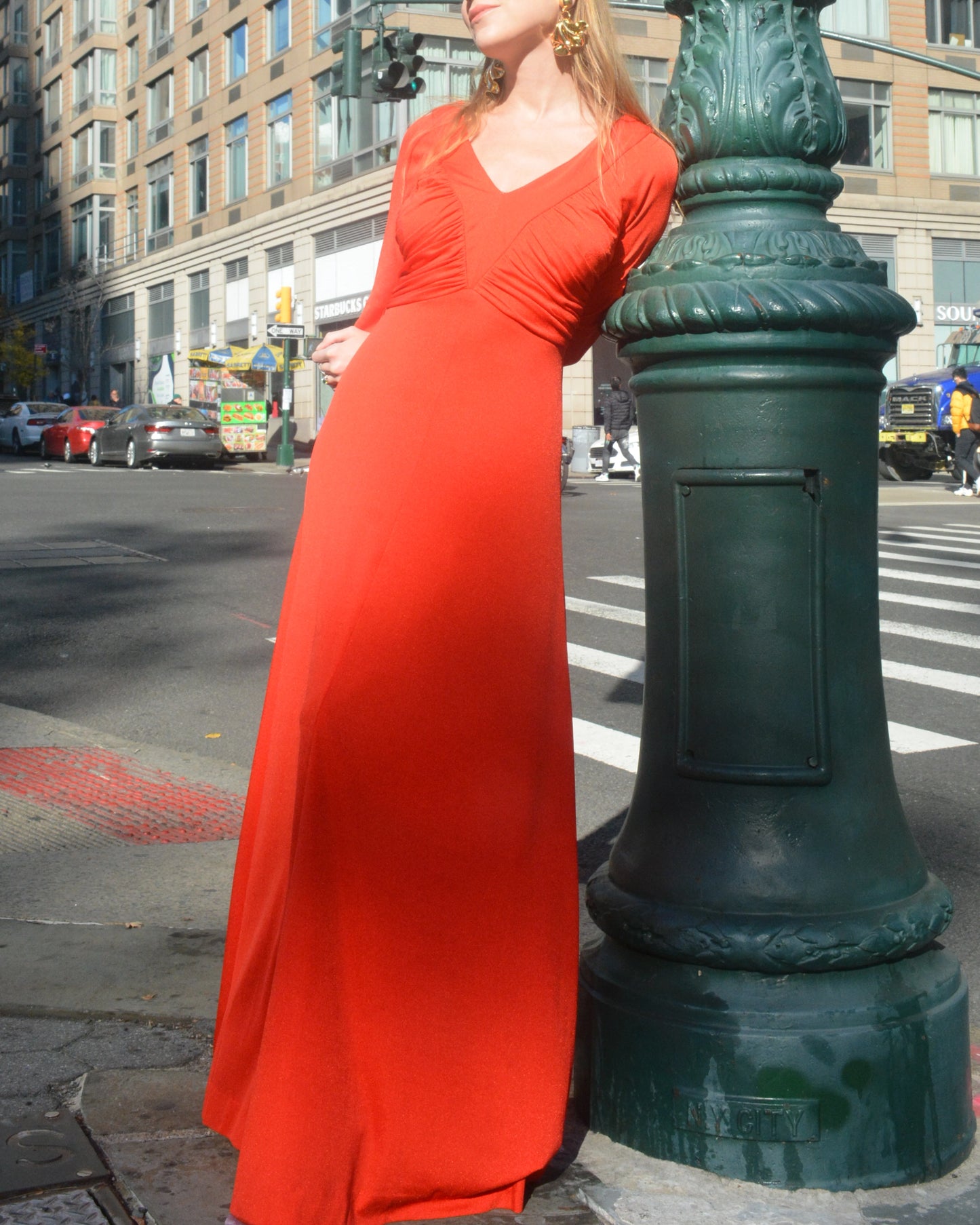 1970s Orange Ruched Jersey Maxidress