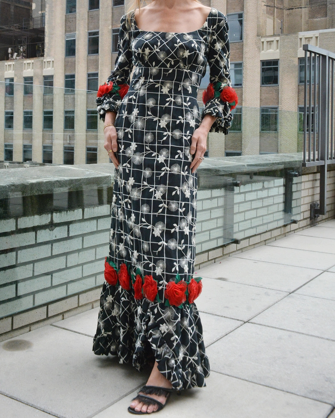 Vintage 1960s Floral-Appliqué Embroidered Gown