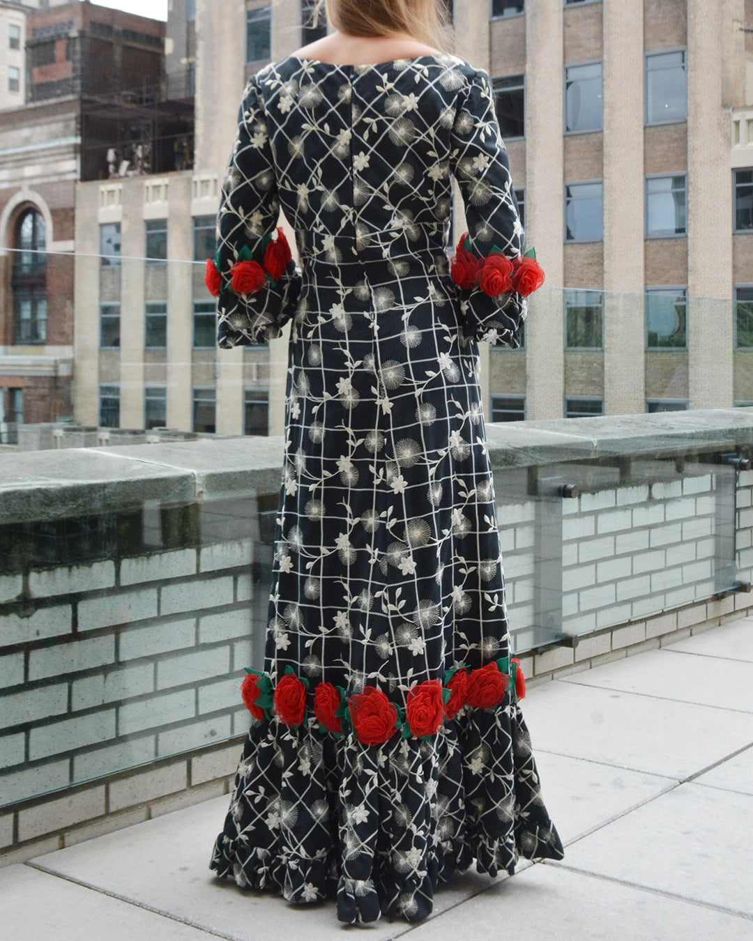 Vintage 1960s Floral-Appliqué Embroidered Gown