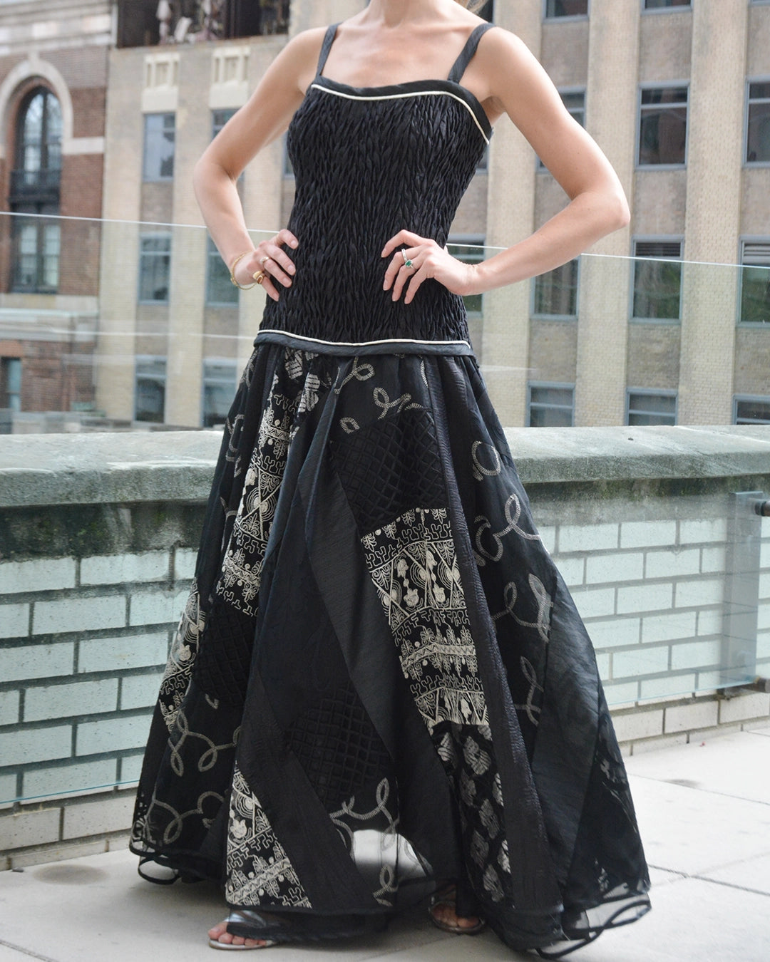 1980s Designer Vintage Shirred Drop Waist Patchwork Gown with Matching Shawl