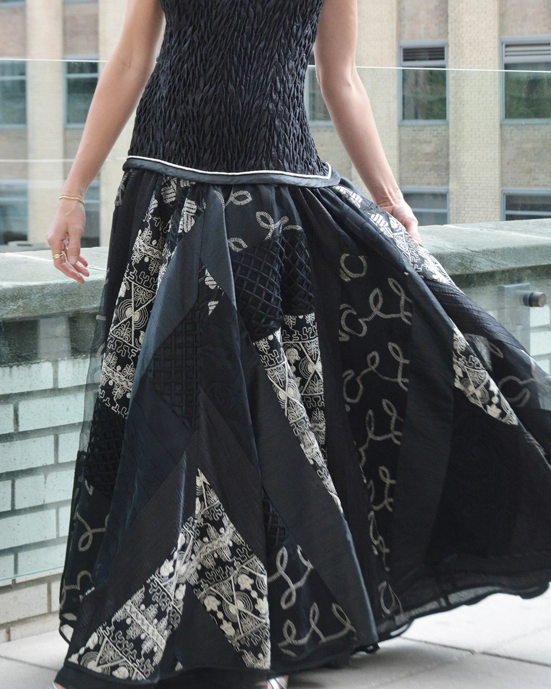1980s Designer Vintage Shirred Drop Waist Patchwork Gown with Matching Shawl