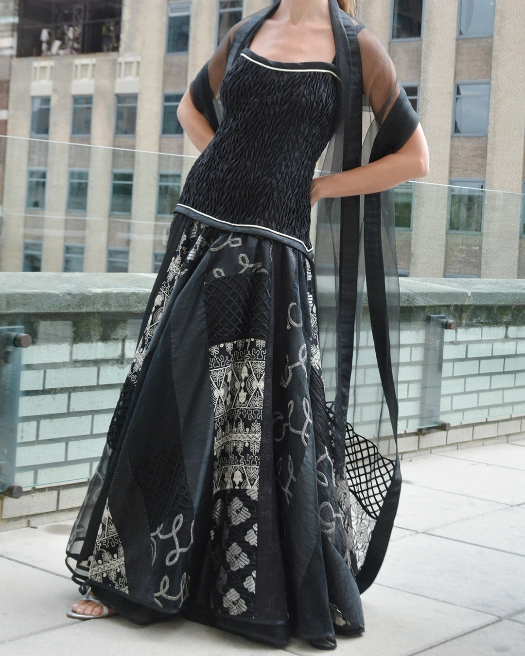 1980s Designer Vintage Shirred Drop Waist Patchwork Gown with Matching Shawl