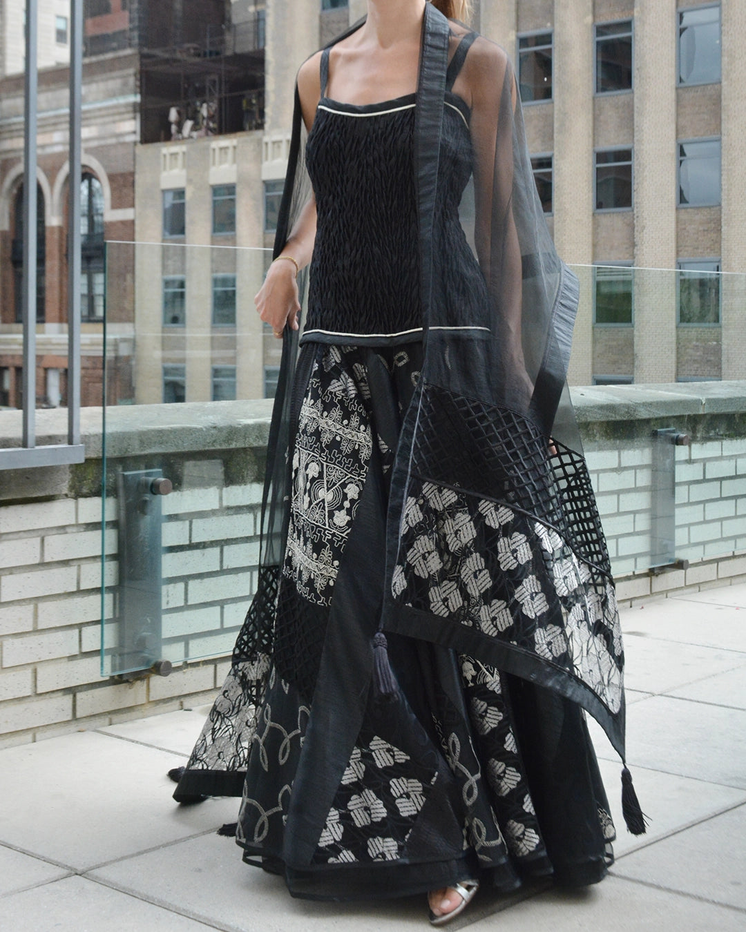1980s Designer Vintage Shirred Drop Waist Patchwork Gown with Matching Shawl