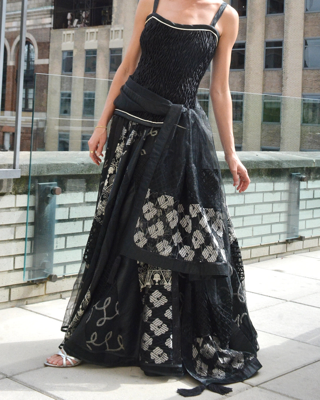 1980s Designer Vintage Shirred Drop Waist Patchwork Gown with Matching Shawl