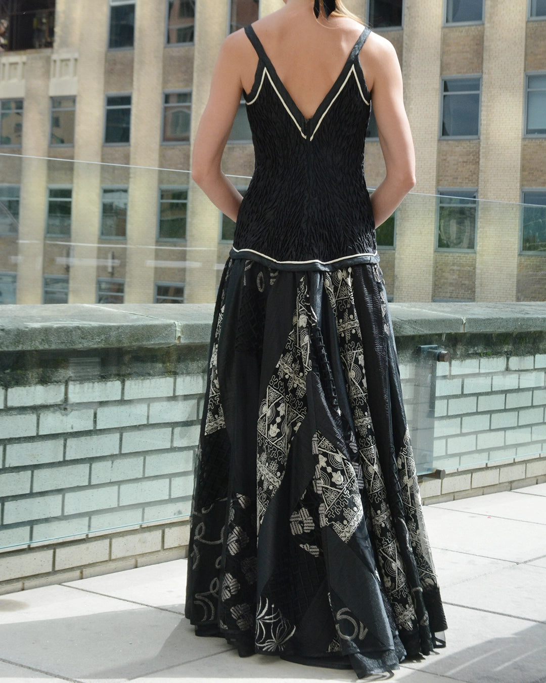 1980s Designer Vintage Shirred Drop Waist Patchwork Gown with Matching Shawl