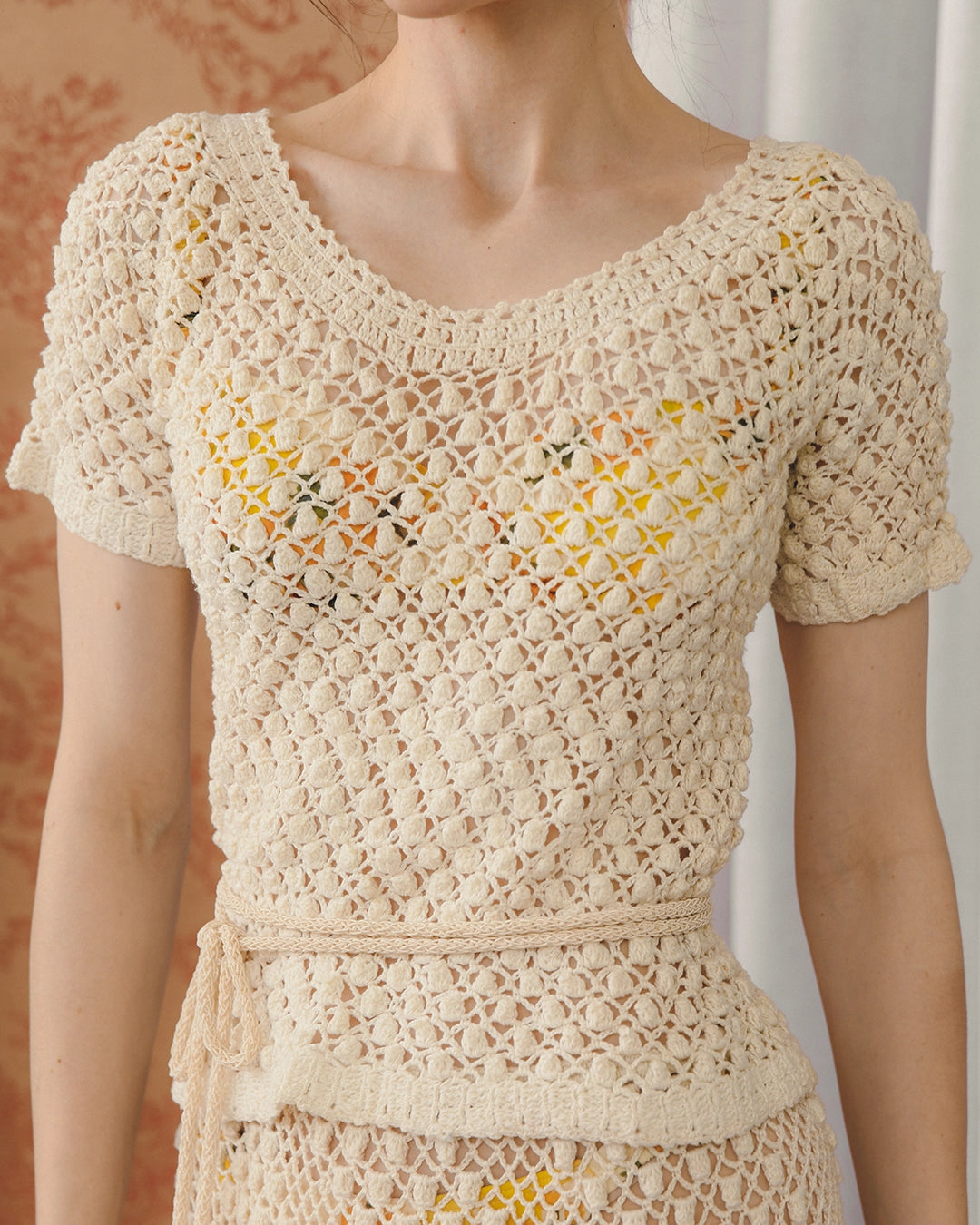 Vintage Ivory Hand-Crochet Belted Skirt Set