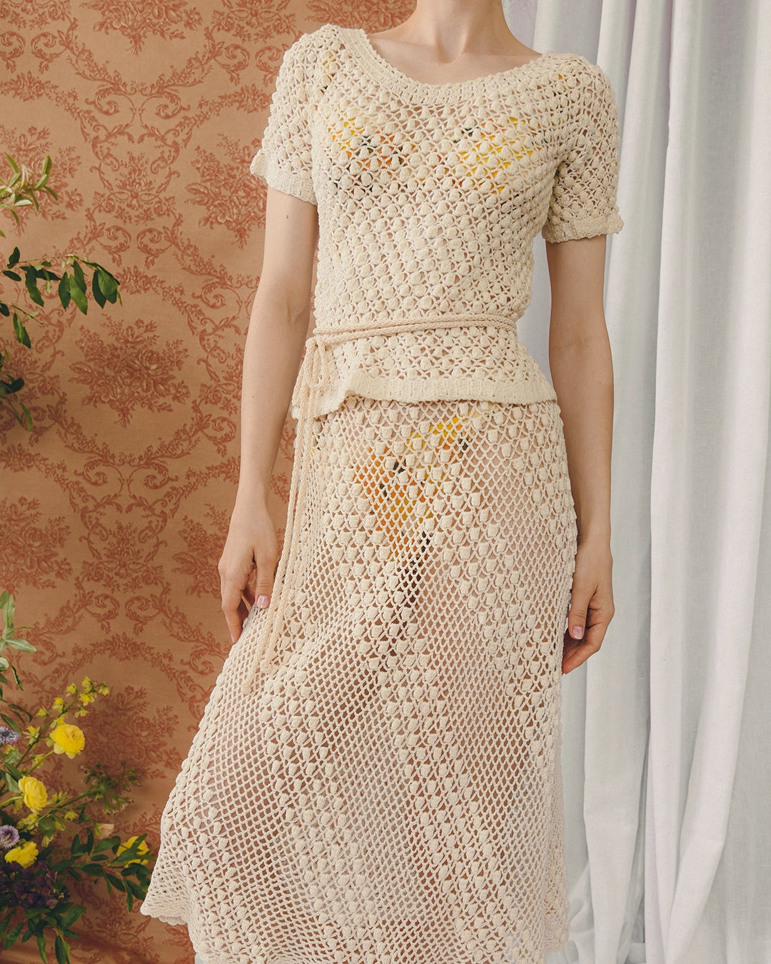 Vintage Ivory Hand-Crochet Belted Skirt Set
