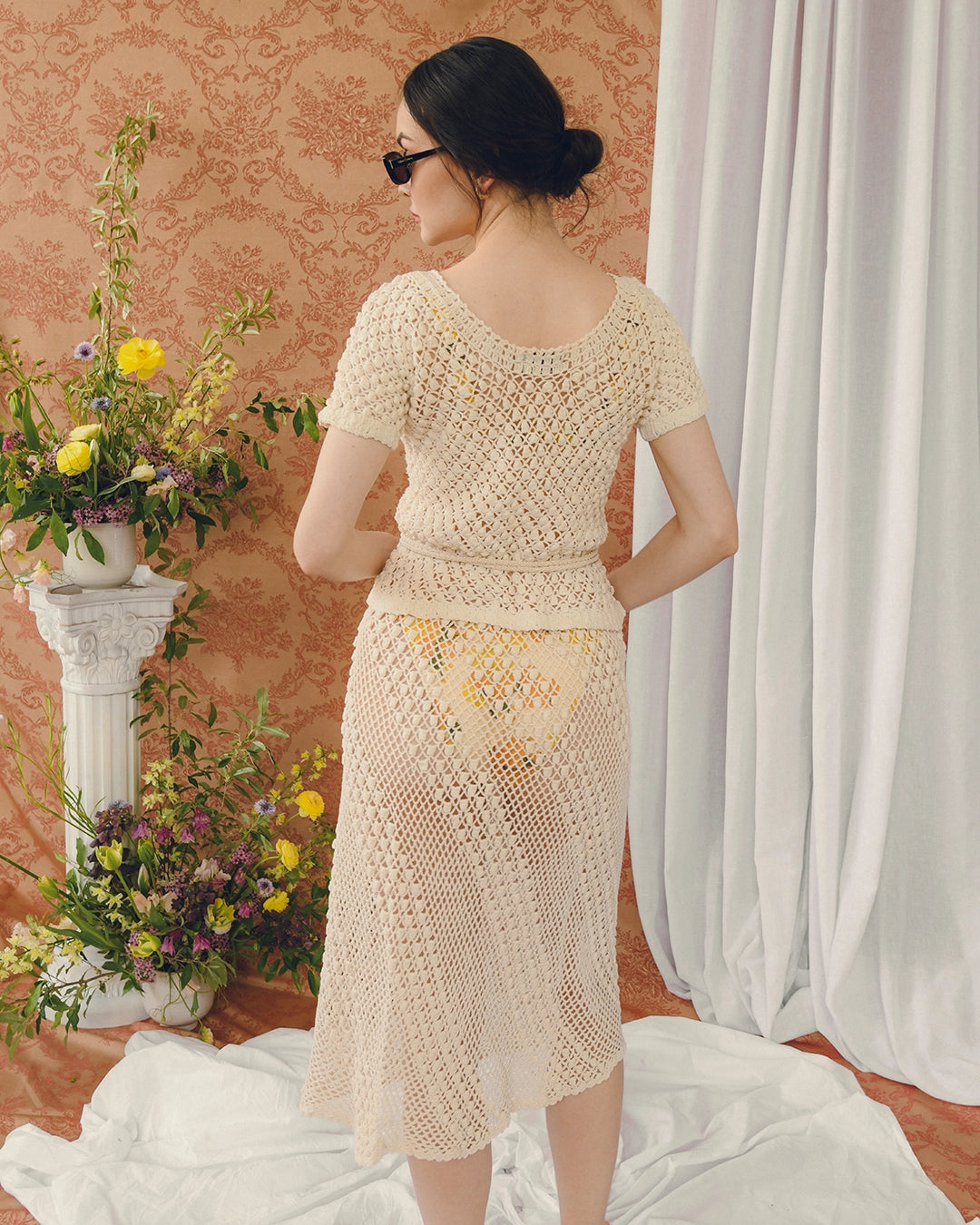 Vintage Ivory Hand-Crochet Belted Skirt Set