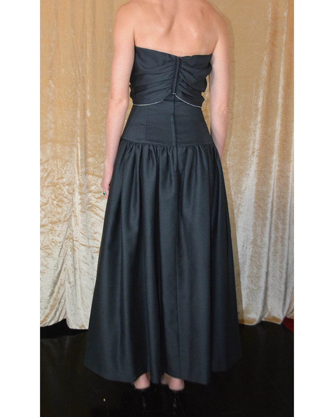 Designer Vintage 1980s Drop Waist Pique Dress with Crystal Embellishment