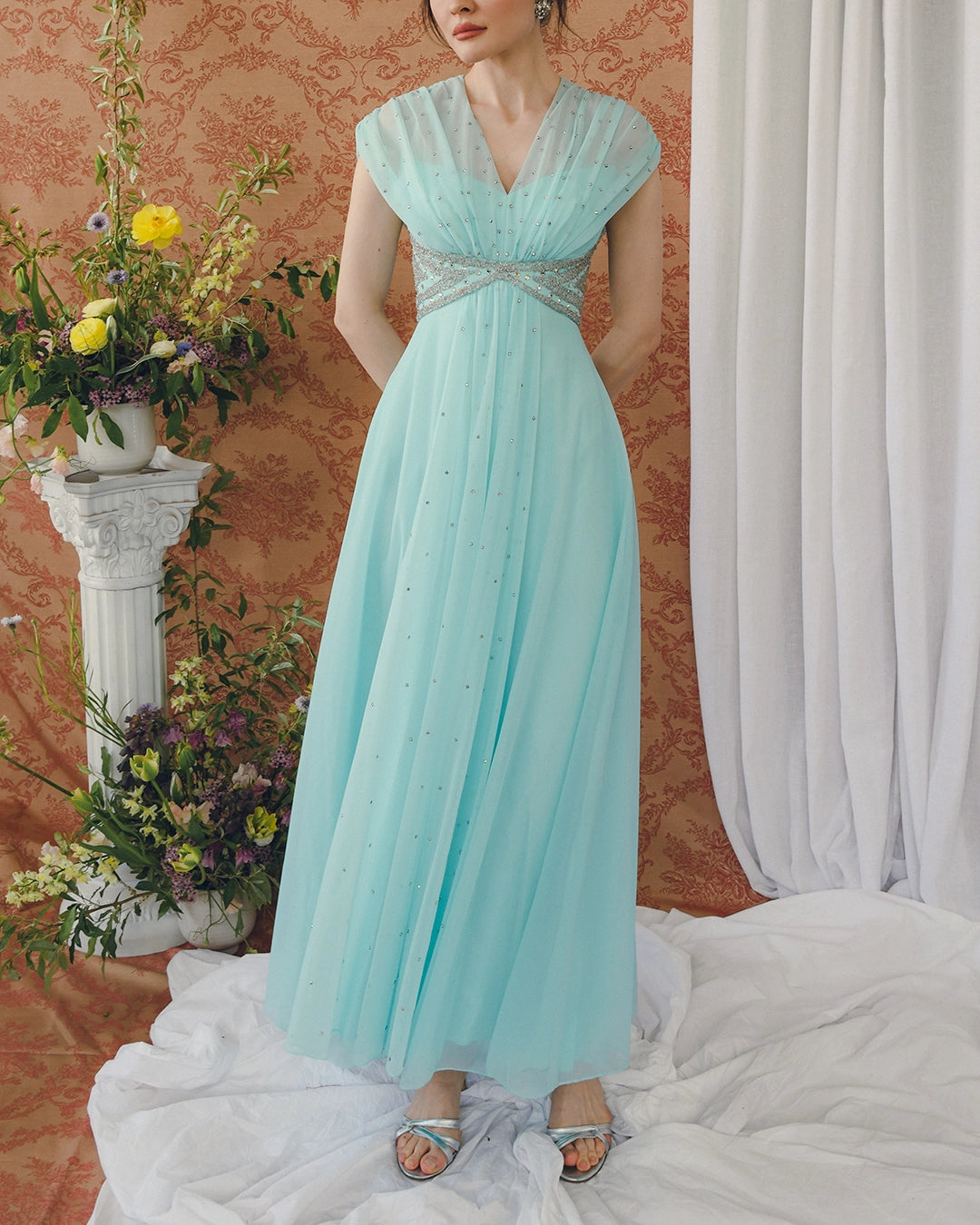 Early 1960s Empire Waist Embellished Tulle Gown