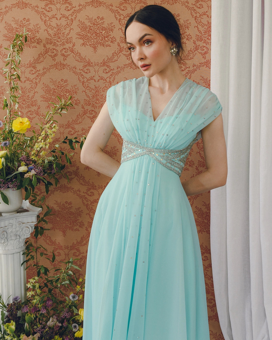 Early 1960s Empire Waist Embellished Tulle Gown