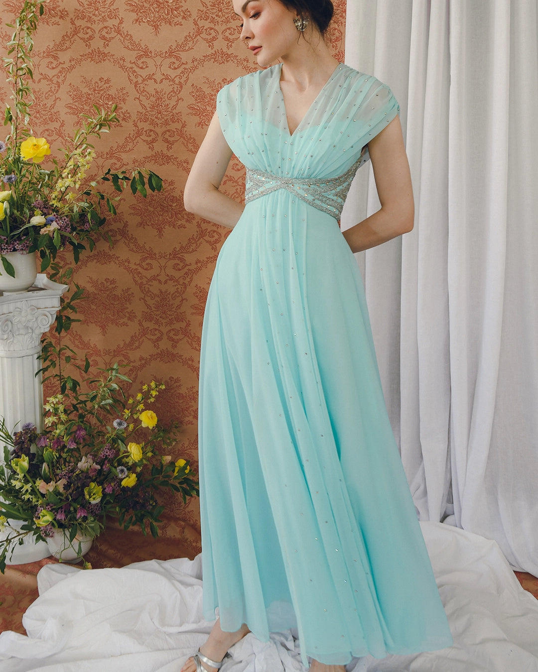Early 1960s Empire Waist Embellished Tulle Gown