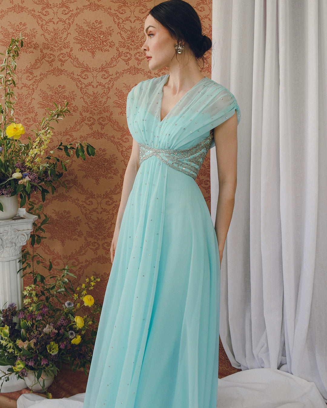 Early 1960s Empire Waist Embellished Tulle Gown