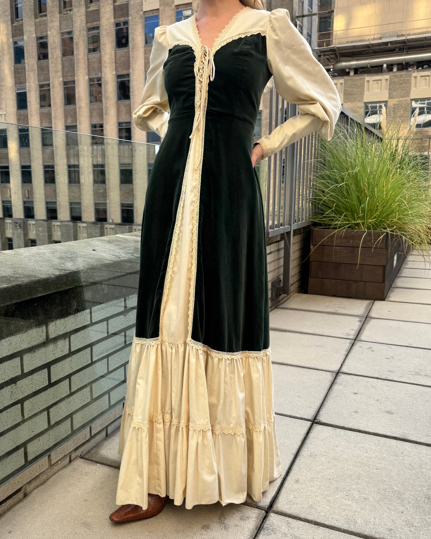 Vintage 1970s Gunne Sax Velvet-Inset Maxidress with Lace-Up Detail