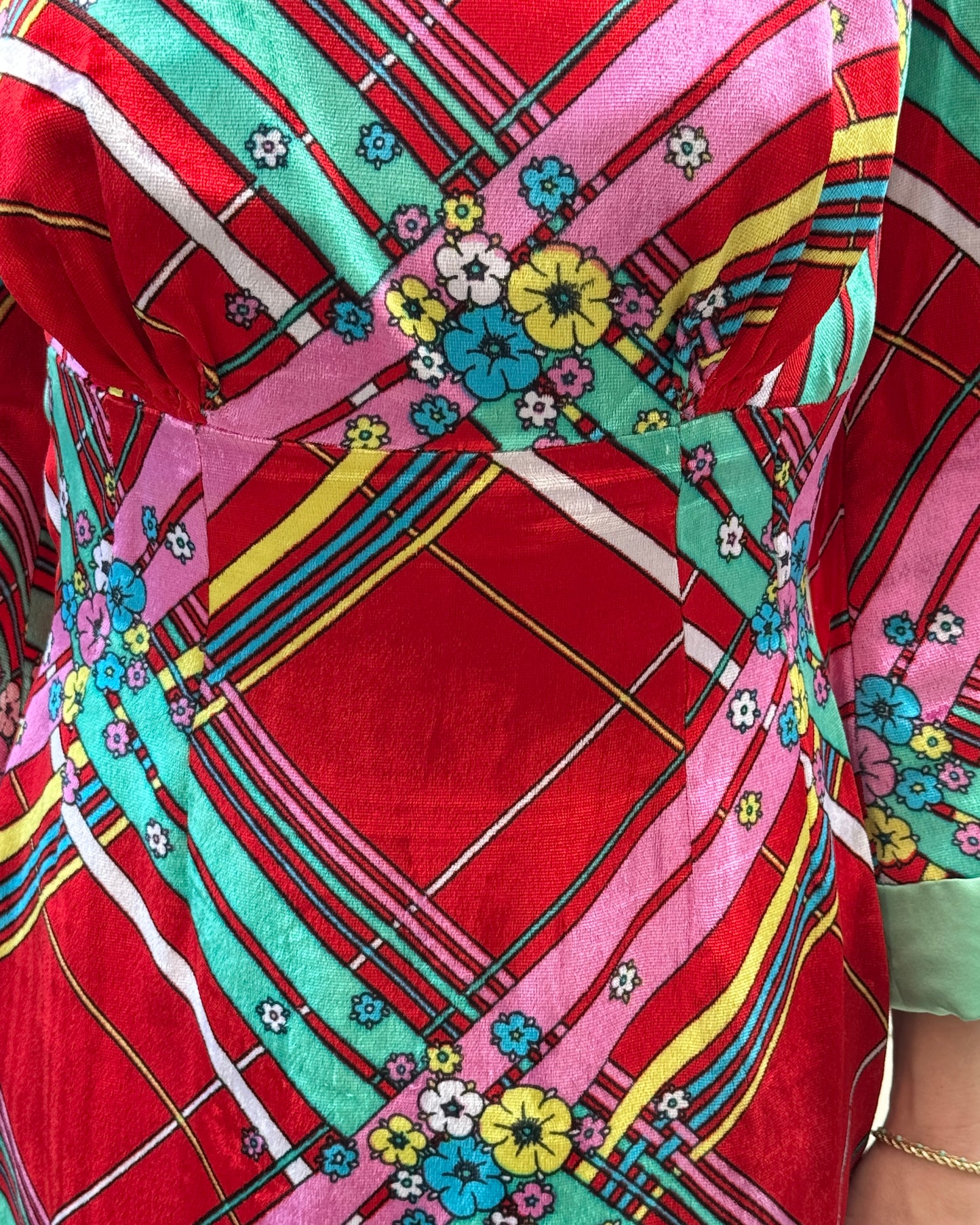 Vintage 1970s Couture Floral Plaid Velvet Gown