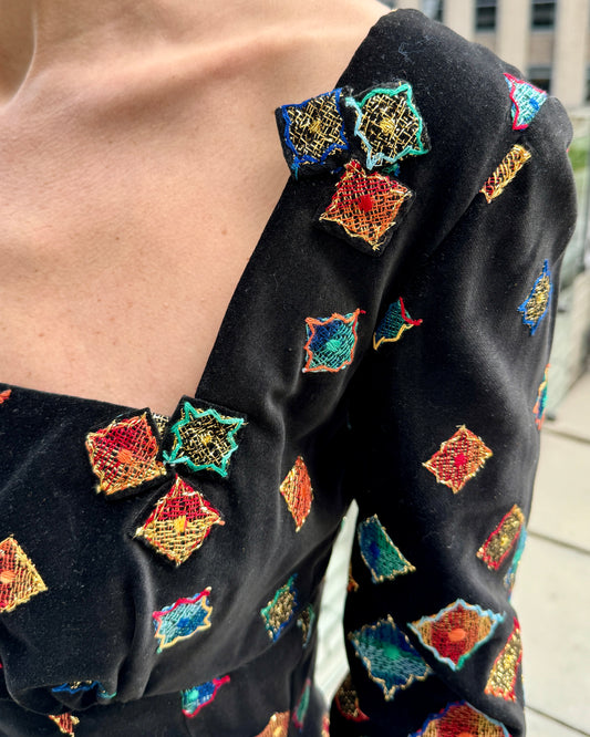 Vintage 1960s Couture Velveteen Dress with Embroidery and Appliqué