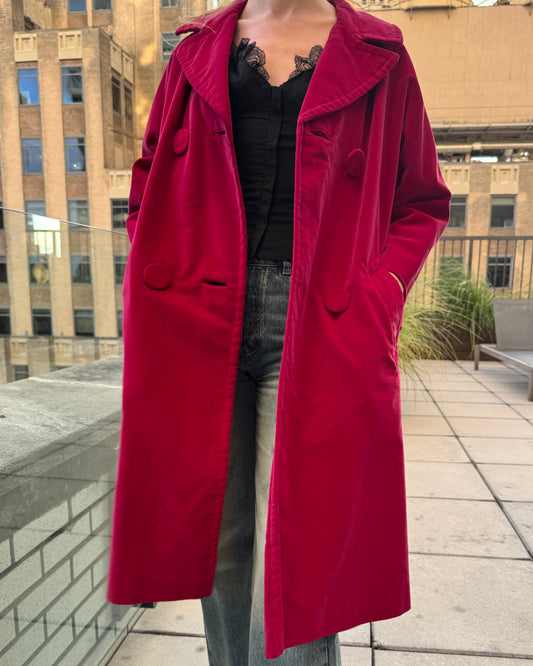Vintage 1960s Red Velveteen Belted Trench Coat