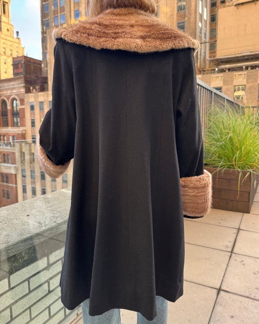 Vintage 1960s Wool Swing Coat with Oversized Fur Collar + Cuffs