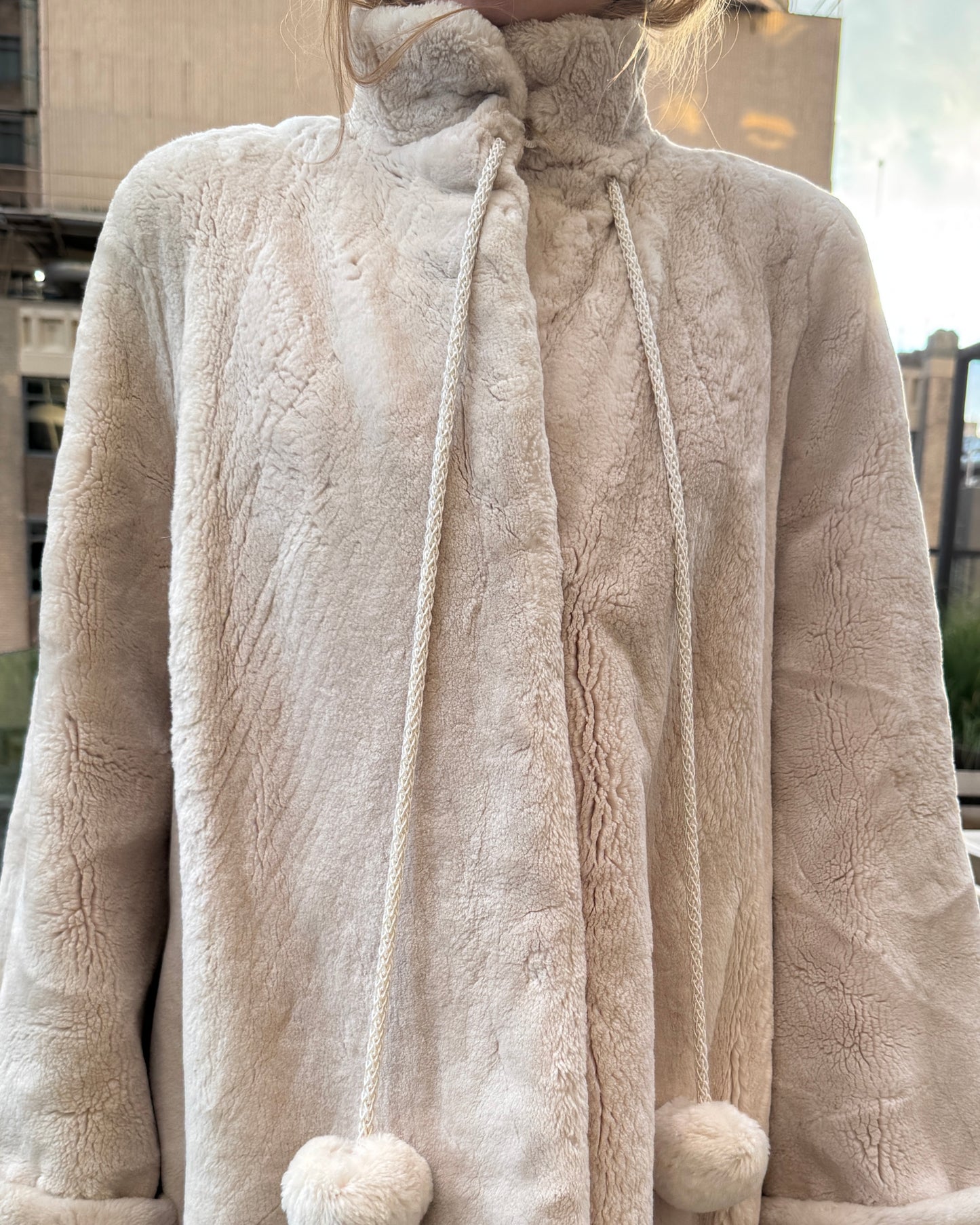 Vintage Revillon Ivory Sheared Beaver Swing Coat with Pom Pom Ties