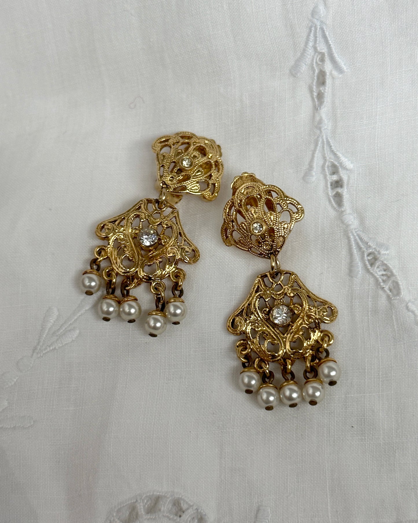 Vintage Gold Filigree Chandelier Earrings With Pearl Drops
