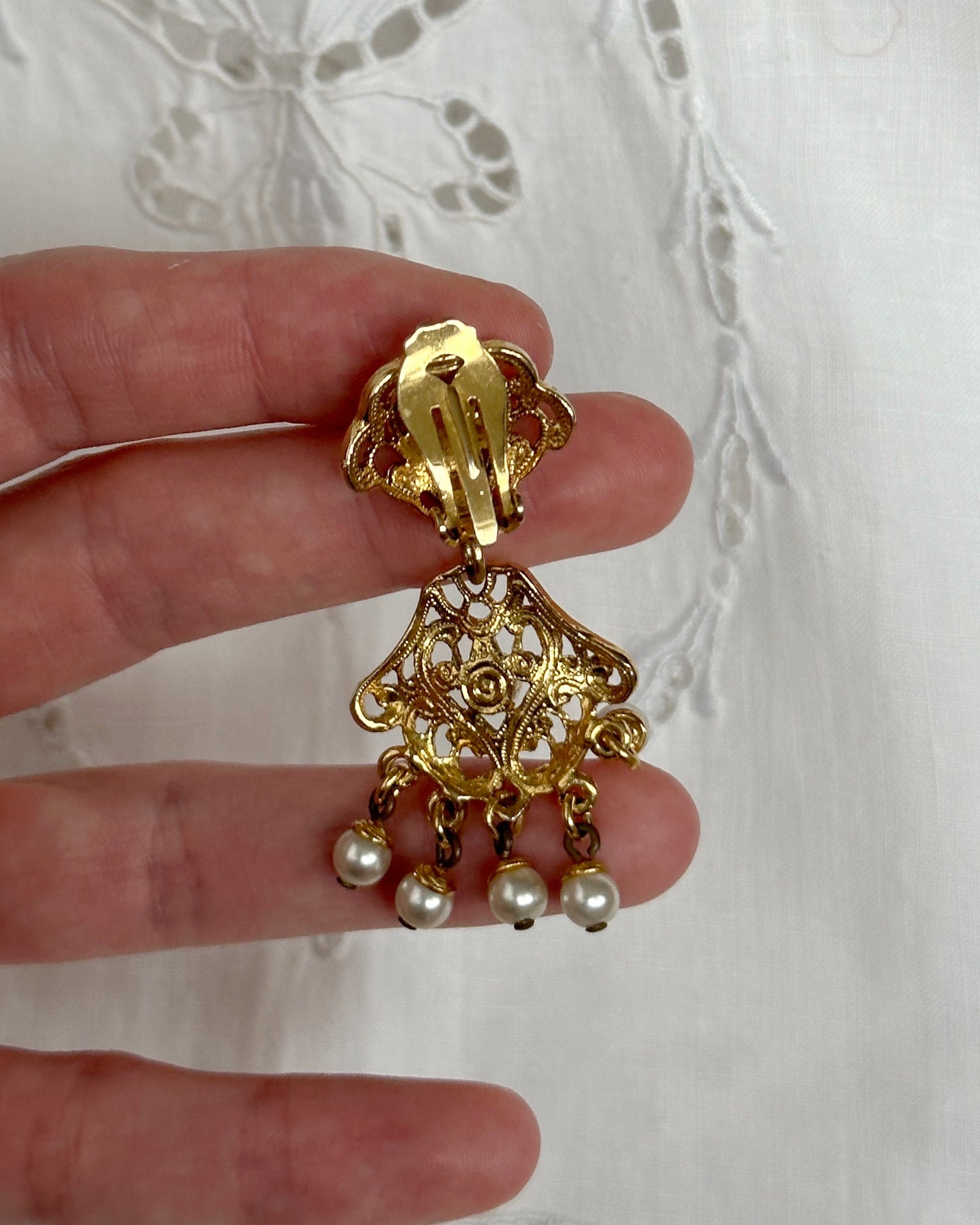 Vintage Gold Filigree Chandelier Earrings With Pearl Drops