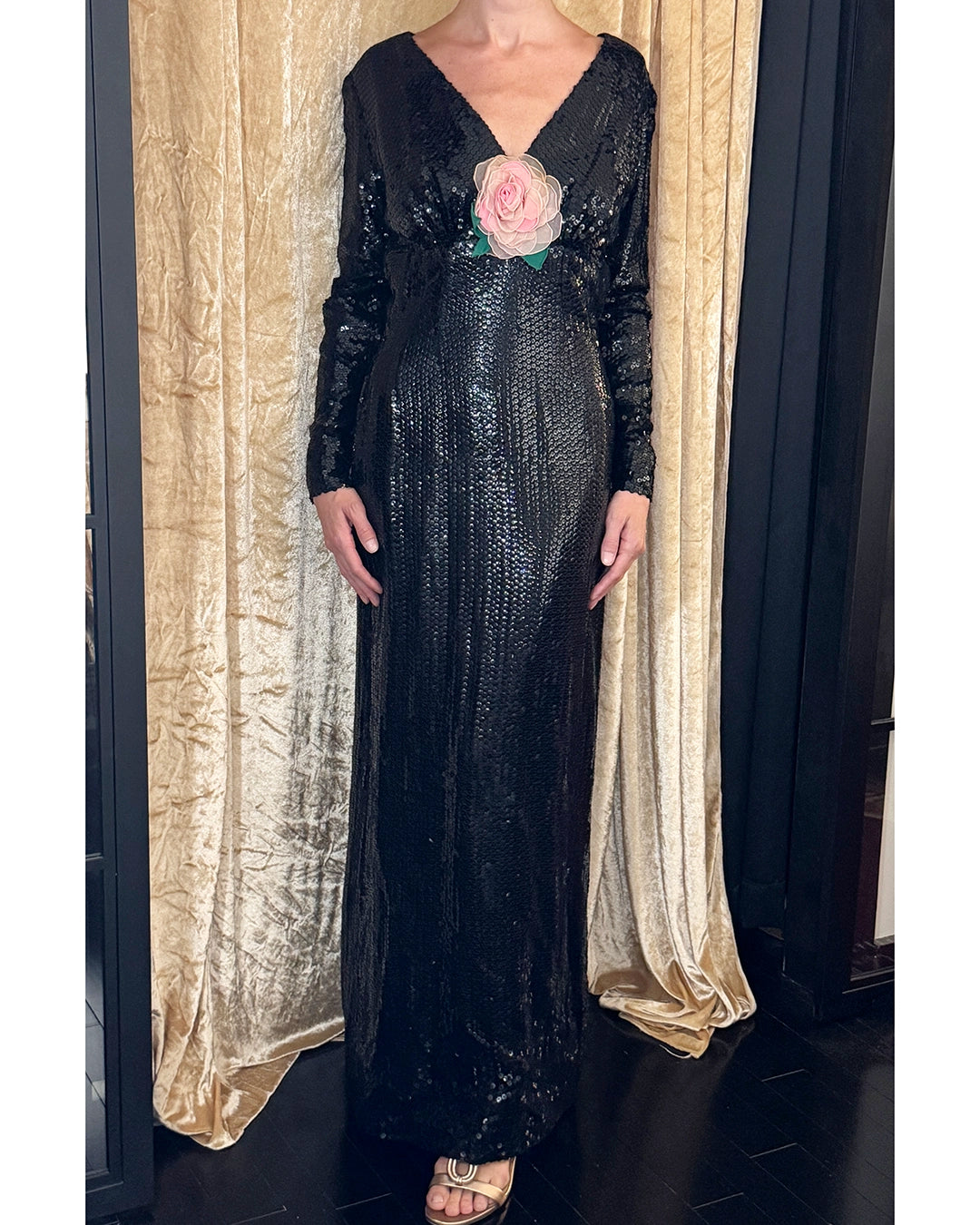 Vintage 1970s Long Sleeve Sequin Gown with Flower Appliqué