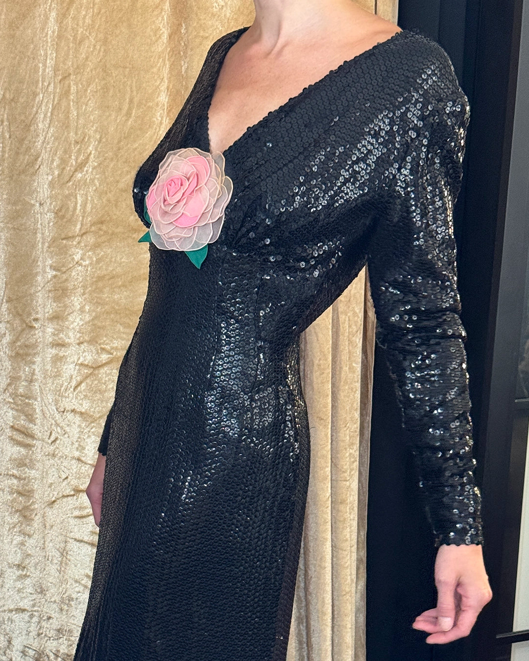 Vintage 1970s Long Sleeve Sequin Gown with Flower Appliqué
