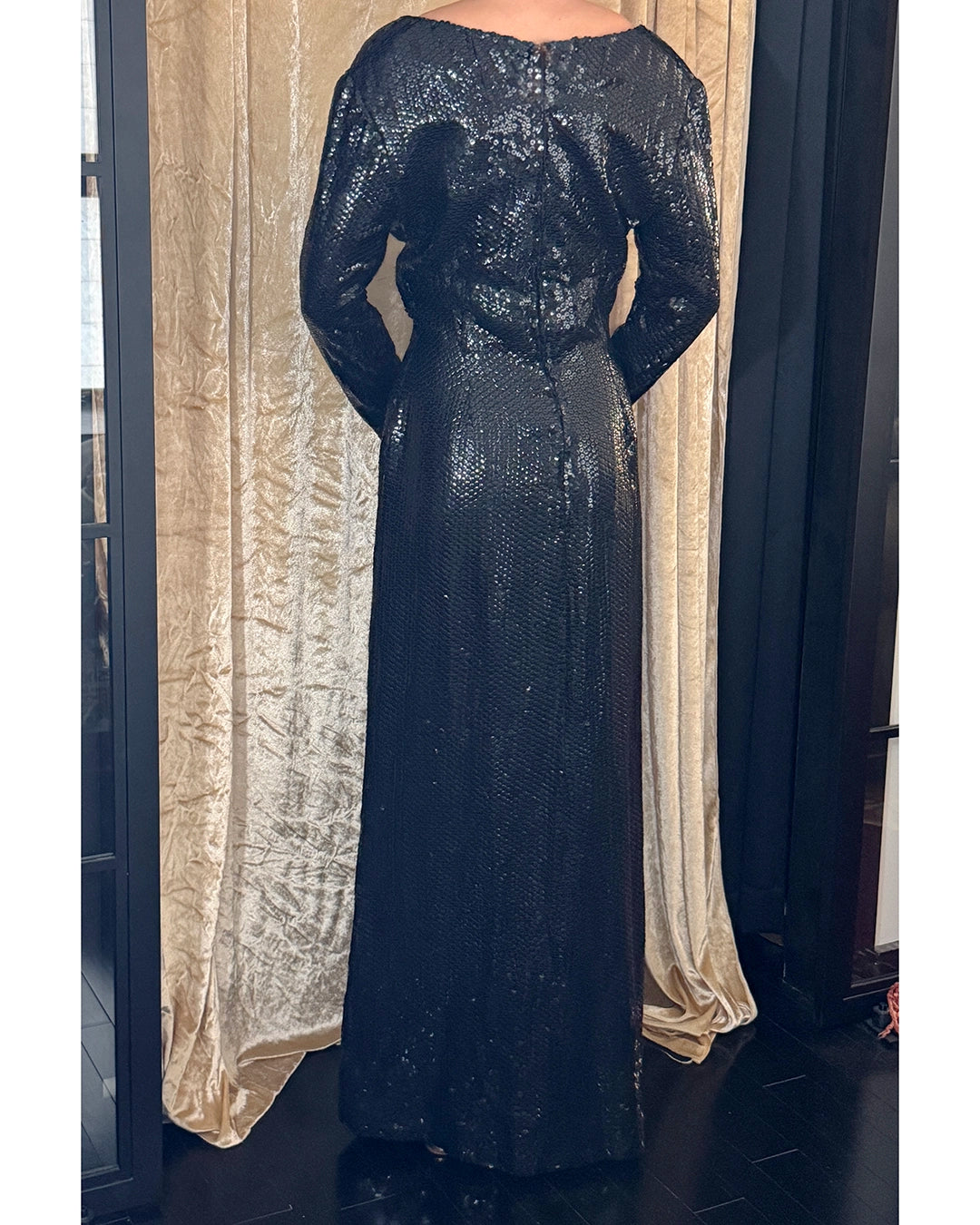 Vintage 1970s Long Sleeve Sequin Gown with Flower Appliqué
