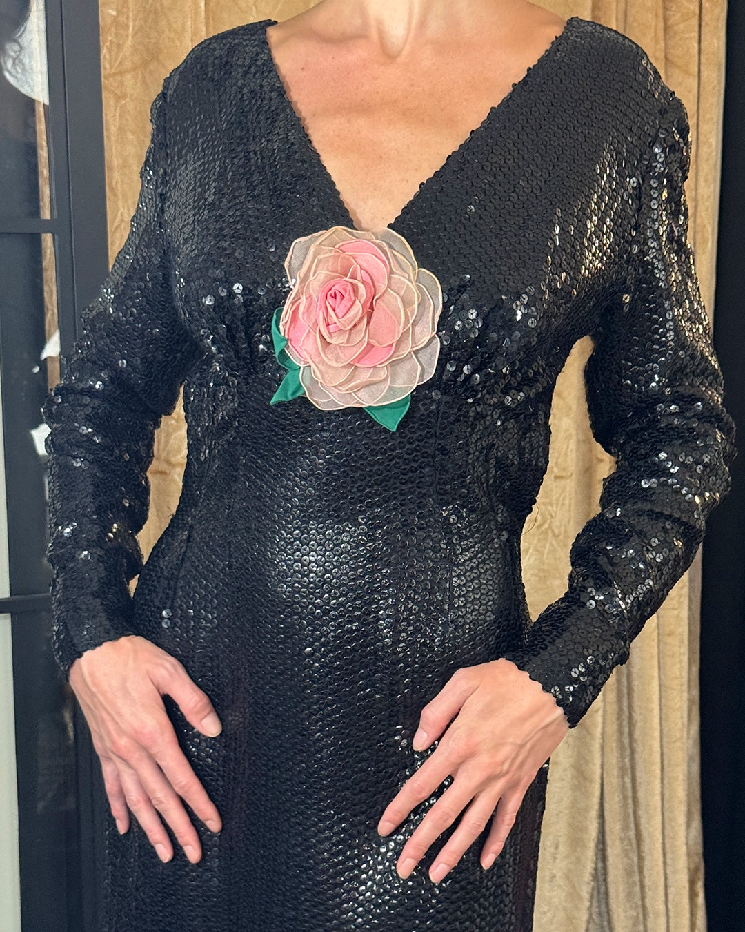 Vintage 1970s Long Sleeve Sequin Gown with Flower Appliqué