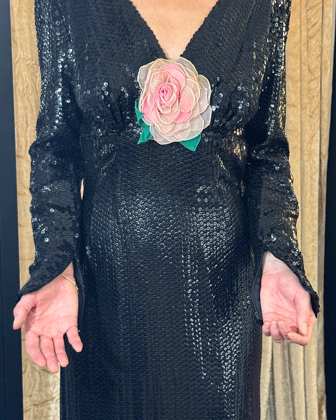 Vintage 1970s Long Sleeve Sequin Gown with Flower Appliqué