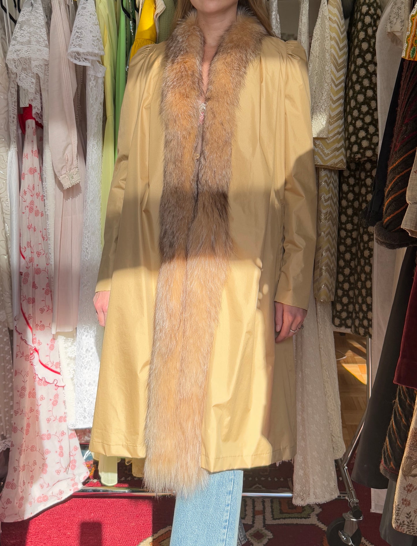 Designer Vintage 1980s Slicker Coat with Fox Fur Trim